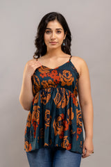 Dark Teal Sleeveless Floral Cotton Top