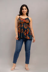 Dark Teal Sleeveless Floral Cotton Top
