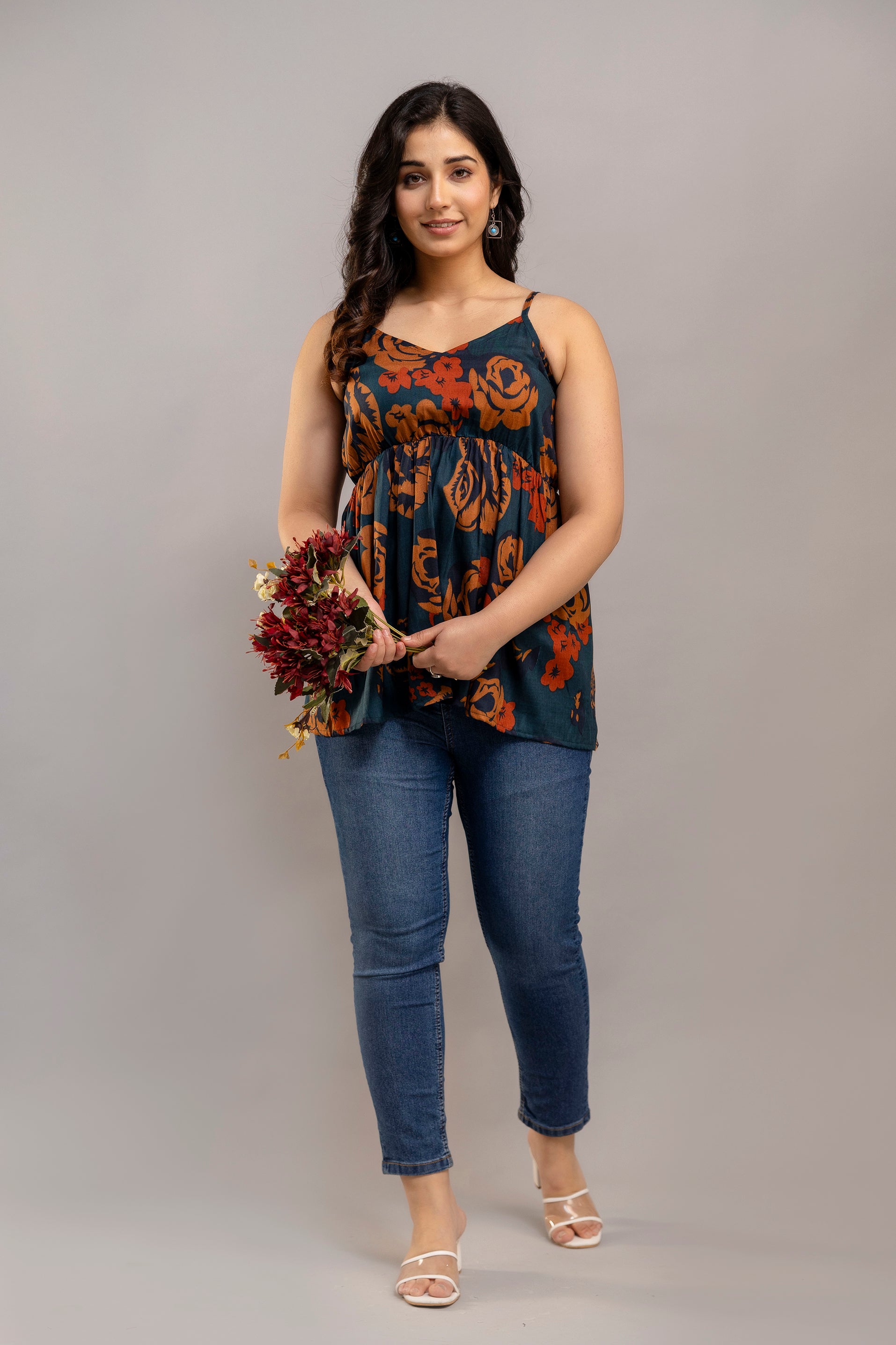Dark Teal Sleeveless Floral Cotton Top