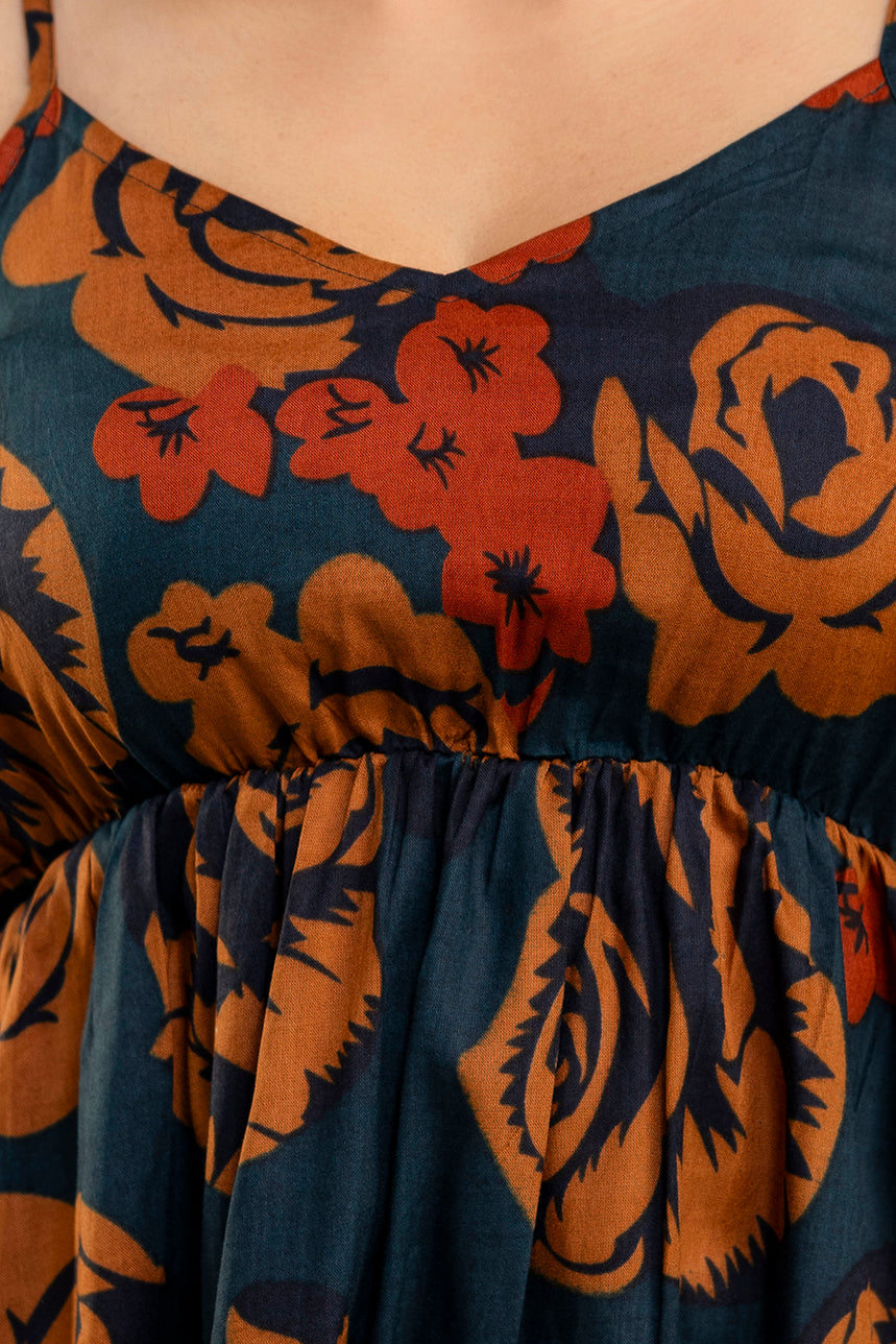 Dark Teal Sleeveless Floral Cotton Top