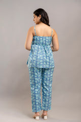 Blue Paisley Garden Cotton Straight-Leg Pants