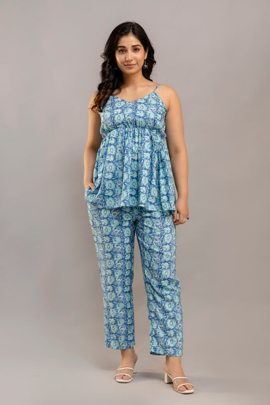 Blue Paisley Garden Cotton Straight-Leg Pants