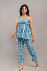 Blue Paisley Garden Cotton Straight-Leg Pants