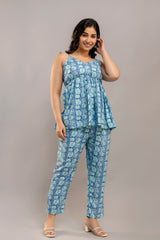 Blue Paisley Garden Cotton Straight-Leg Pants