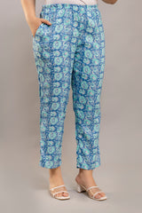 Blue Paisley Garden Cotton Straight-Leg Pants