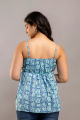 Blue Paisley Garden Cotton Sleeveless Flared Top