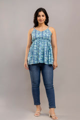 Blue Paisley Garden Cotton Sleeveless Flared Top