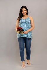 Blue Paisley Garden Cotton Sleeveless Flared Top