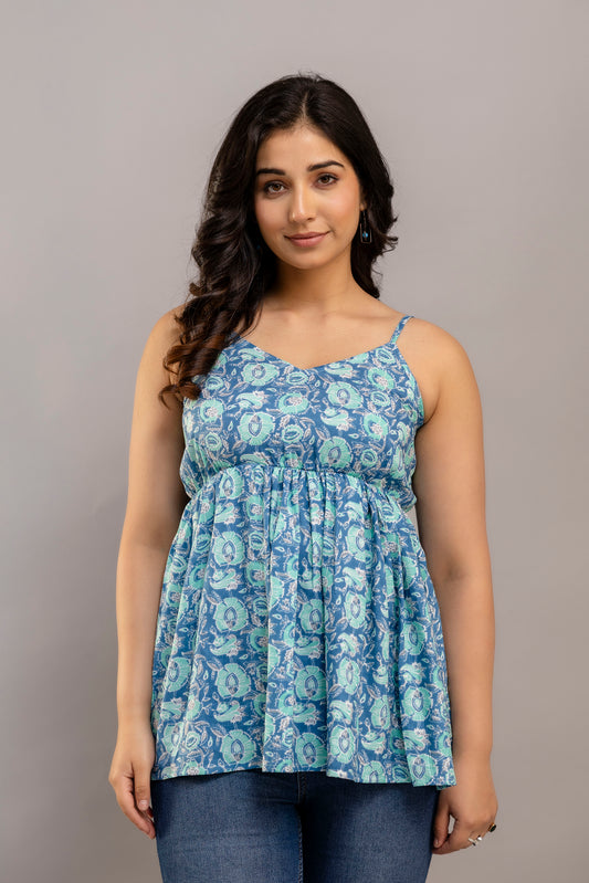 Blue Paisley Garden Cotton Sleeveless Flared Top