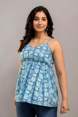 Blue Paisley Garden Cotton Sleeveless Flared Top