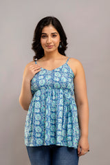 Blue Paisley Garden Cotton Sleeveless Flared Top