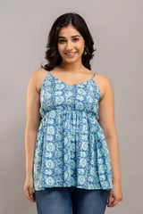 Blue Paisley Garden Cotton Sleeveless Flared Top