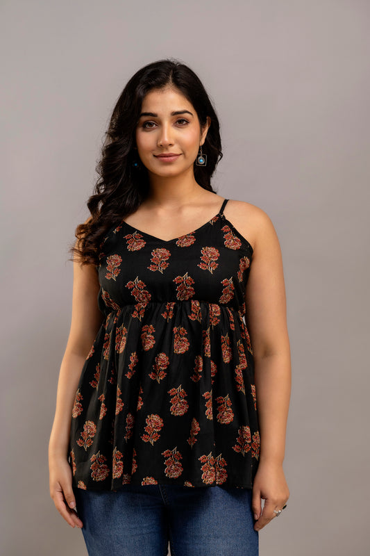 Black Sleeveless Floral Printed Cotton Top – Strappy Summer Kurti Style