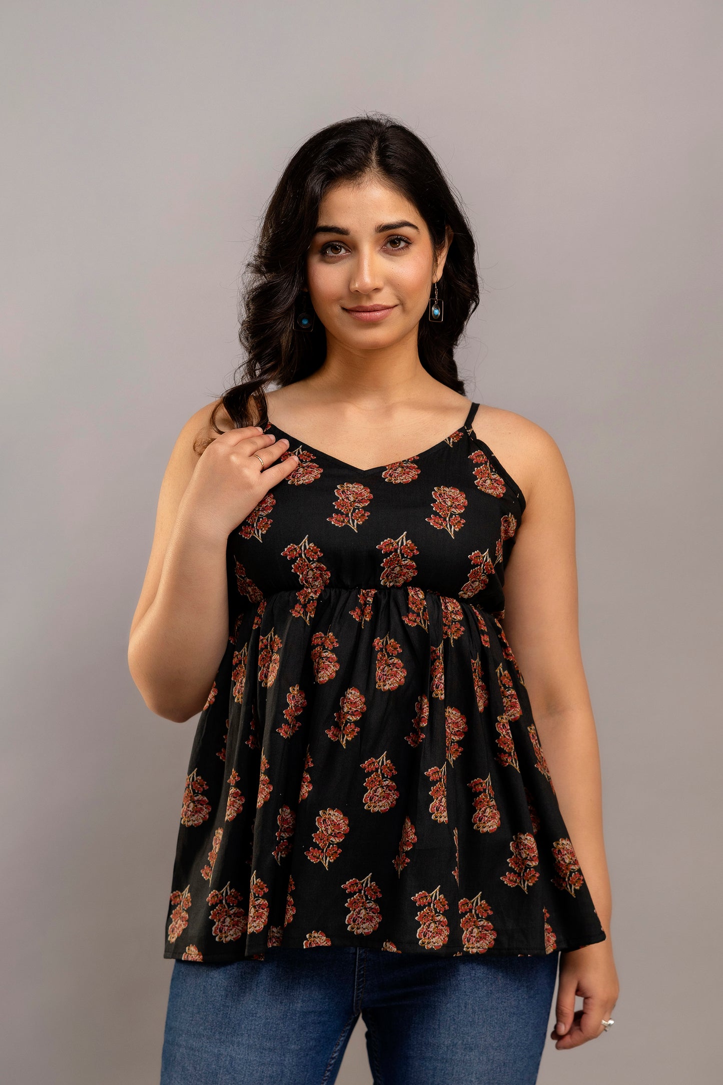 Black Sleeveless Floral Printed Cotton Top – Strappy Summer Kurti Style