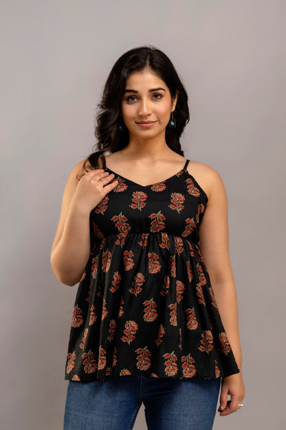Black Sleeveless Floral Printed Cotton Top – Strappy Summer Kurti Style