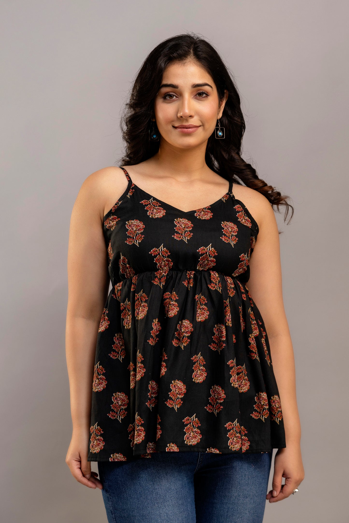 Black Sleeveless Floral Printed Cotton Top – Strappy Summer Kurti Style