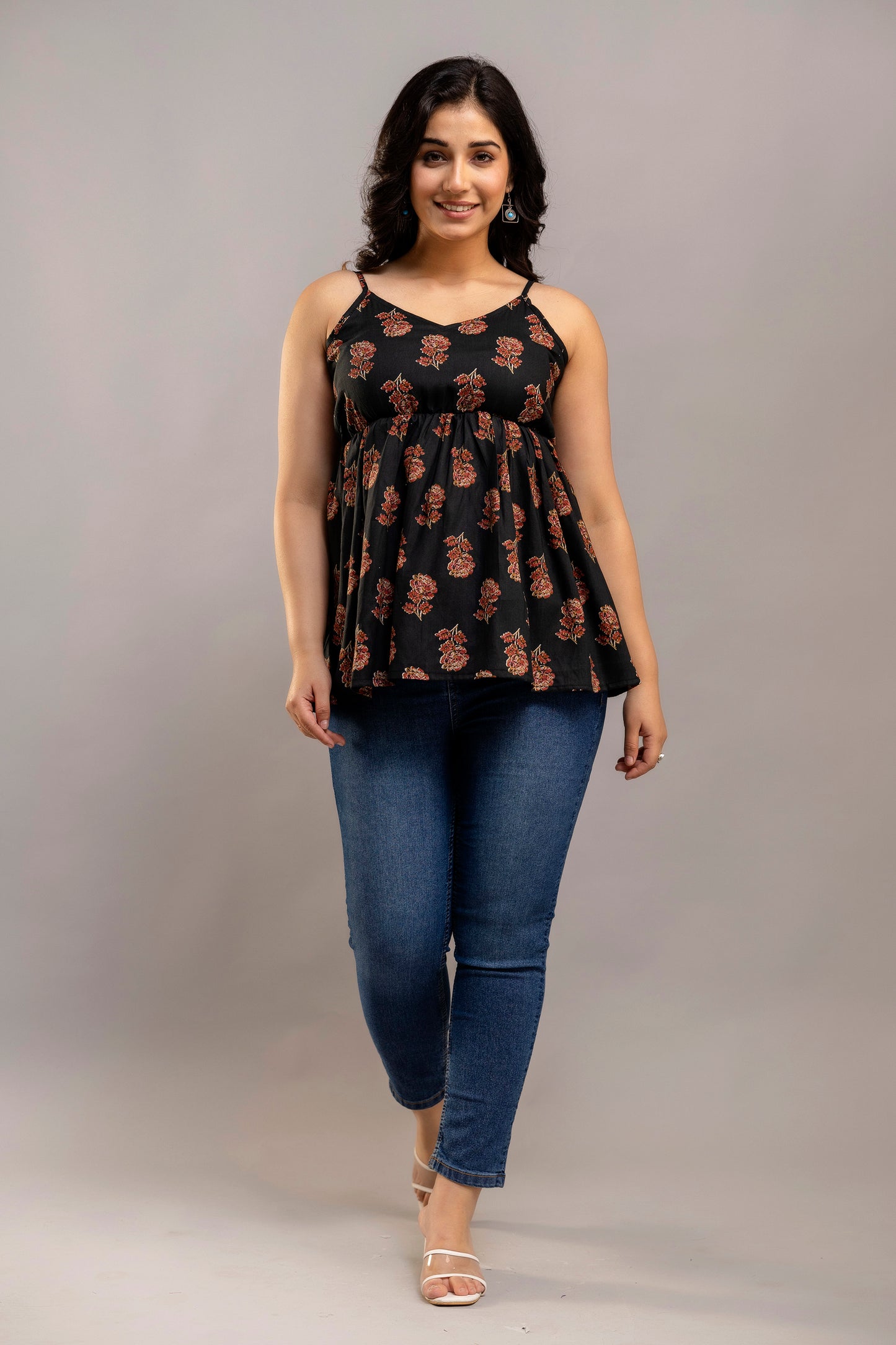 Black Sleeveless Floral Printed Cotton Top – Strappy Summer Kurti Style
