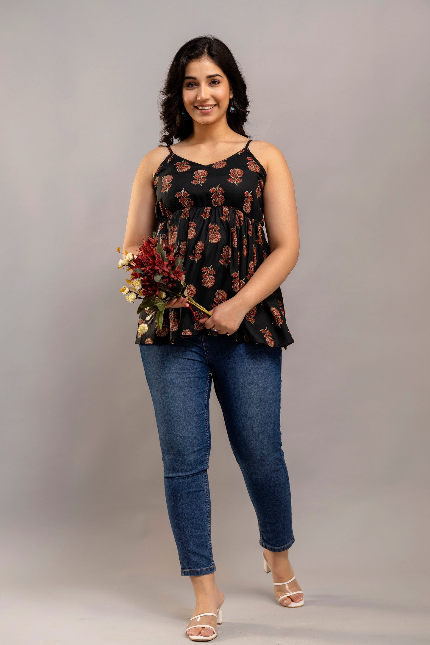 Black Sleeveless Floral Printed Cotton Top – Strappy Summer Kurti Style