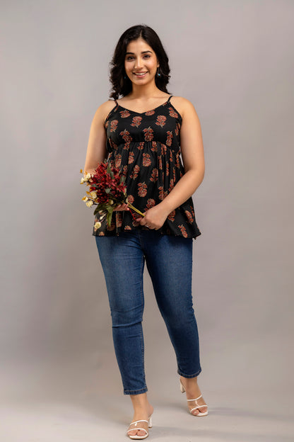 Black Sleeveless Floral Printed Cotton Top – Strappy Summer Kurti Style
