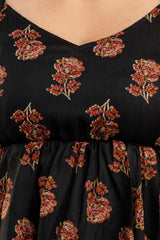 Black Sleeveless Floral Printed Cotton Top – Strappy Summer Kurti Style