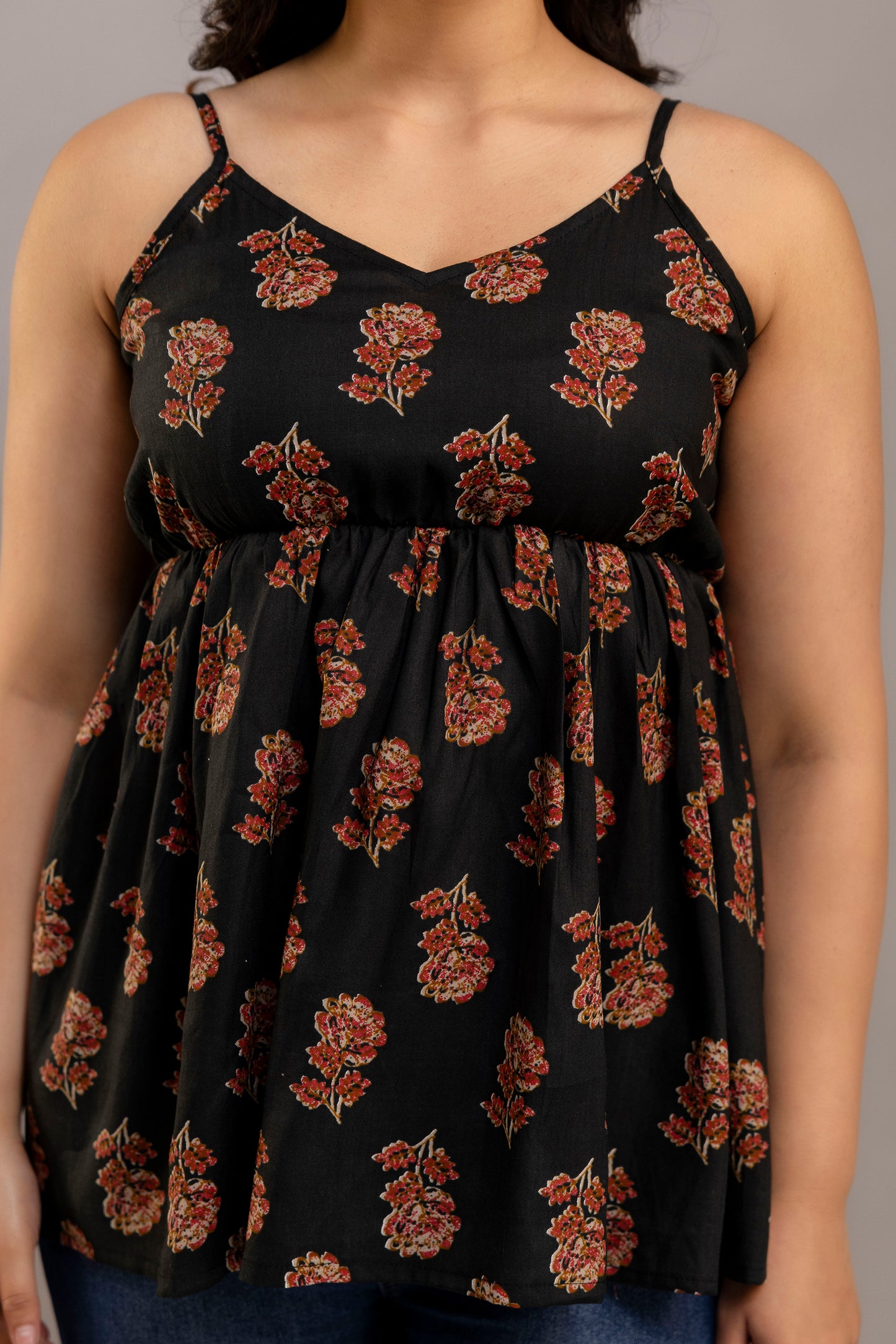 Black Sleeveless Floral Printed Cotton Top – Strappy Summer Kurti Style