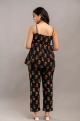 Black Floral Printed Co-ord Set – Cotton Sleeveless Top & Matching Pants