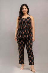 Black Floral Printed Co-ord Set – Cotton Sleeveless Top & Matching Pants