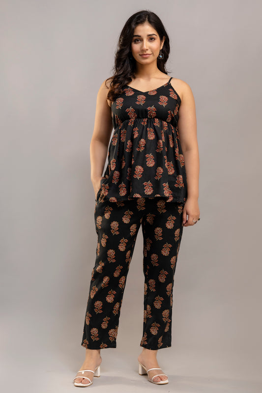 Black Floral Printed Co-ord Set – Cotton Sleeveless Top & Matching Pants