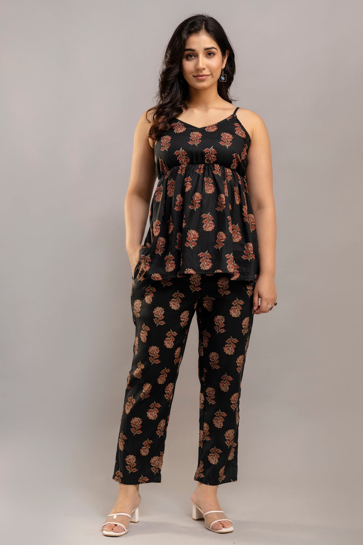 Black Floral Printed Co-ord Set – Cotton Sleeveless Top & Matching Pants