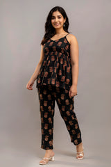 Black Floral Printed Co-ord Set – Cotton Sleeveless Top & Matching Pants