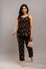 Black Floral Printed Co-ord Set – Cotton Sleeveless Top & Matching Pants