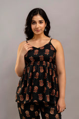 Black Floral Printed Co-ord Set – Cotton Sleeveless Top & Matching Pants