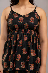 Black Floral Printed Co-ord Set – Cotton Sleeveless Top & Matching Pants