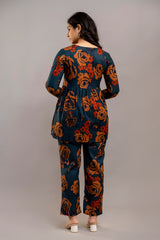 Dark Teal Oversized Floral Co-ord Set – Long Sleeve Cotton Top & Pants for Women