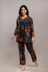 Dark Teal Oversized Floral Co-ord Set – Long Sleeve Cotton Top & Pants for Women