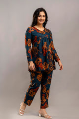 Dark Teal Oversized Floral Co-ord Set – Long Sleeve Cotton Top & Pants for Women