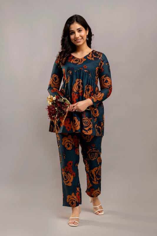 Dark Teal Oversized Floral Co-ord Set – Long Sleeve Cotton Top & Pants for Women