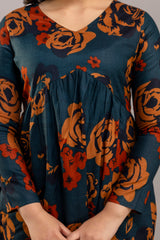 Dark Teal Oversized Floral Co-ord Set – Long Sleeve Cotton Top & Pants for Women