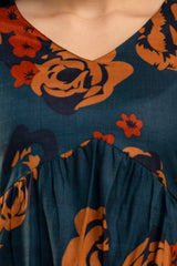 Dark Teal Oversized Floral Co-ord Set – Long Sleeve Cotton Top & Pants for Women