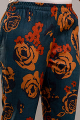 Dark Teal Oversized Floral Co-ord Set – Long Sleeve Cotton Top & Pants for Women