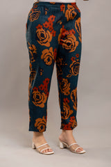 Dark Teal Oversized Floral Co-ord Set – Long Sleeve Cotton Top & Pants for Women