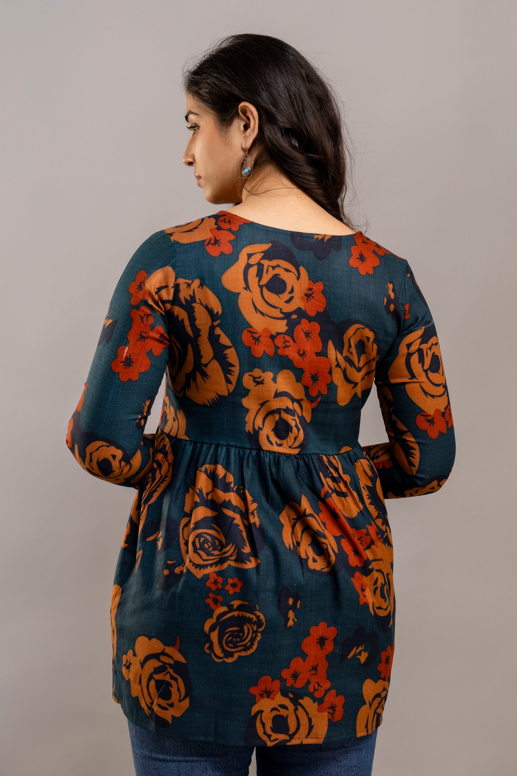 Dark Teal Oversized Floral Cotton Tunic Top – Long Sleeve for Women