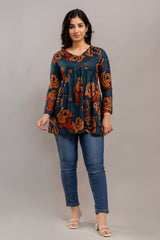 Dark Teal Oversized Floral Cotton Tunic Top – Long Sleeve for Women