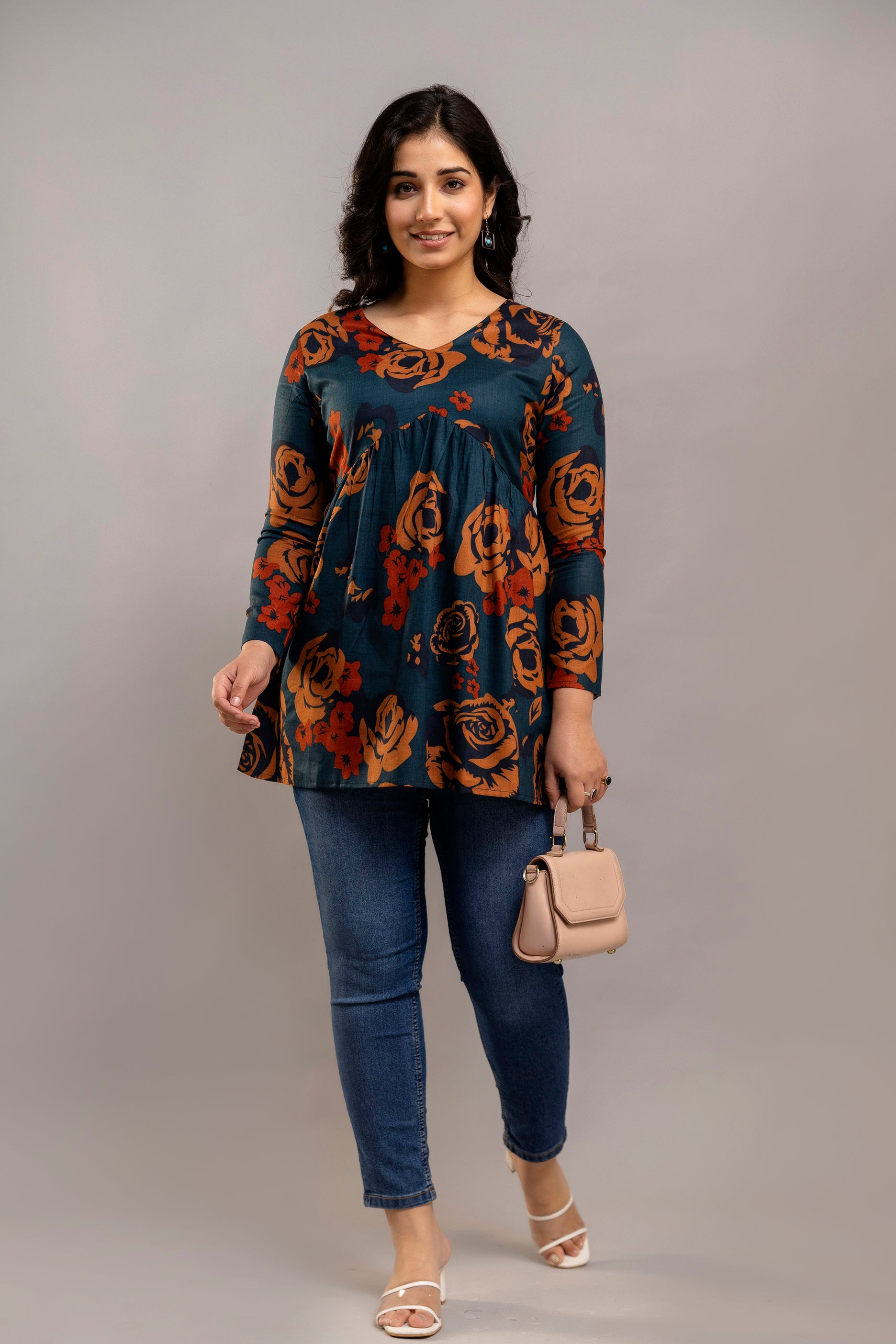 Dark Teal Oversized Floral Cotton Tunic Top – Long Sleeve for Women