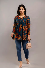 Dark Teal Oversized Floral Cotton Tunic Top – Long Sleeve for Women