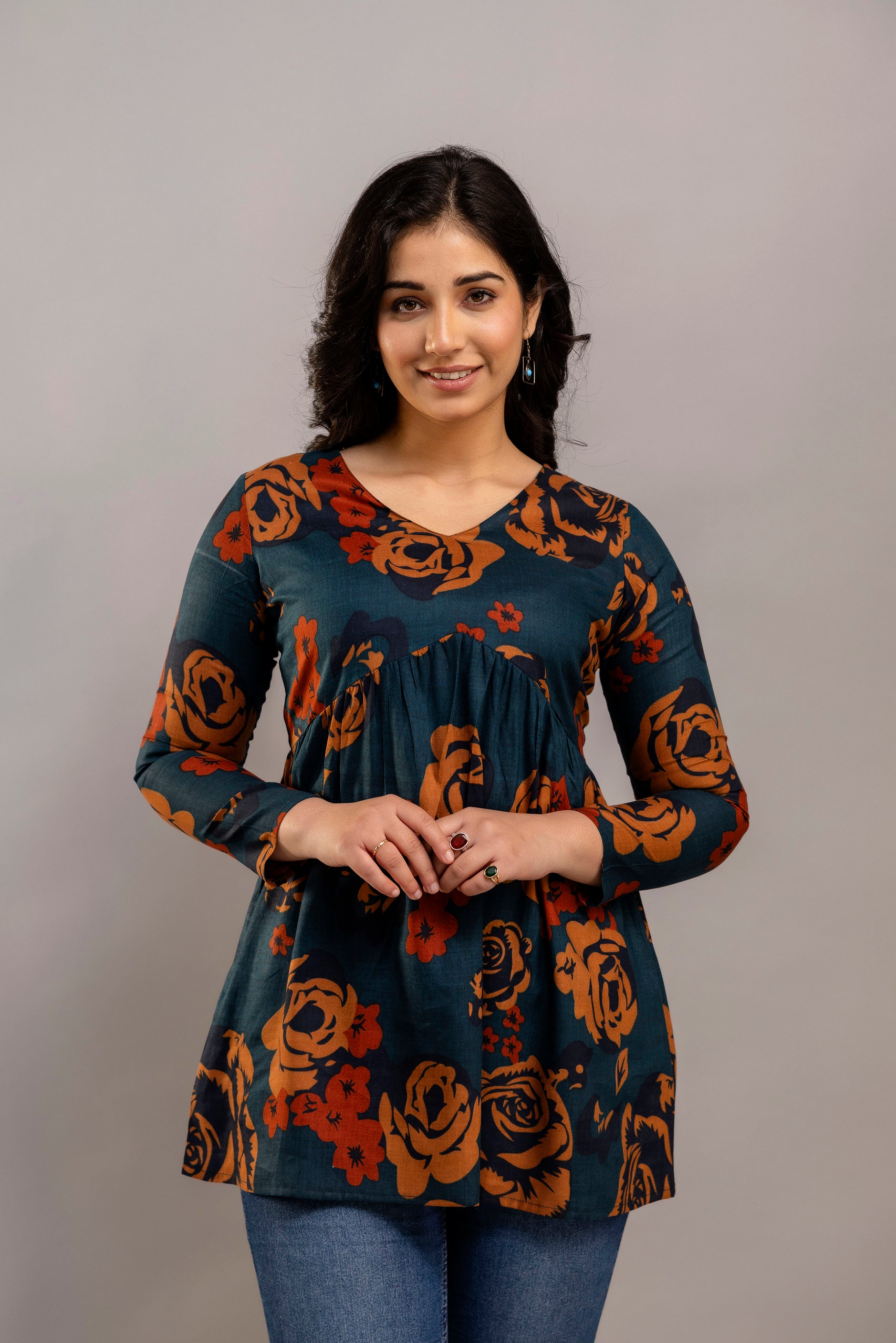 Dark Teal Oversized Floral Cotton Tunic Top – Long Sleeve for Women