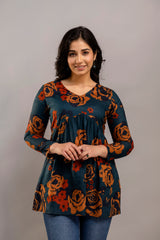 Dark Teal Oversized Floral Cotton Tunic Top – Long Sleeve for Women