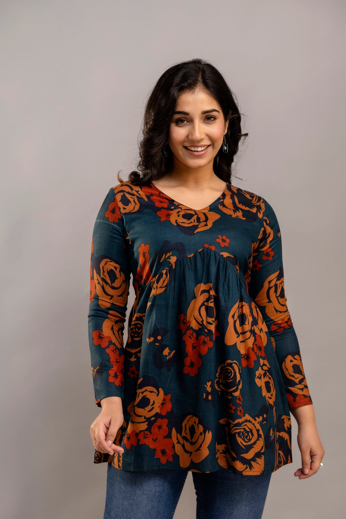Dark Teal Oversized Floral Cotton Tunic Top – Long Sleeve for Women