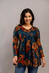 Dark Teal Oversized Floral Cotton Tunic Top – Long Sleeve for Women