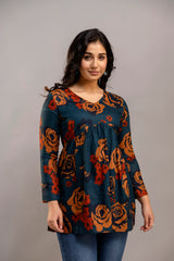 Dark Teal Oversized Floral Cotton Tunic Top – Long Sleeve for Women